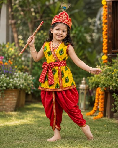 Image of Sarvda Krishna & Radha Dress for Kids - Complete Janmashtami Costume Sets with Dhoti /Lehenga, Mukut, Mor Pankh, Bansuri & Accessories | Fancy Dress for Baby Boys & Girls