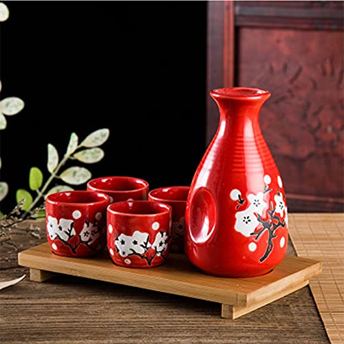 CoreLife Sake Set, Traditional 5-Piece Porcelain Ceramic wide Japanese Sake Sets with 12oz Bottle and 4 2oz Sake Cups - Red Cherry Blossom