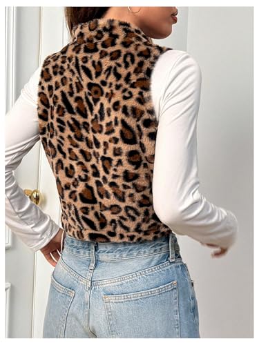 Women's Y2k Leopard Print Cropped Vest Jacket Zip Up Fuzzy Sleeveless Cheetah Outwear2