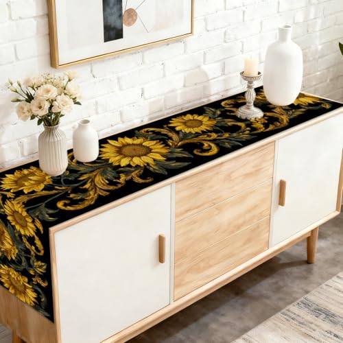 Image of Nuxovilar Table Runner, Flax Table Runner 13x72 in | Golden Sunflower Luxury Table Runners for Dinner Parties, Holiday Meals, Elegant Gatherings