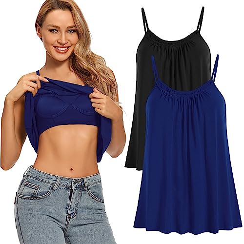 Image of Womens Loose Camisole Top with Built in Padded Bra Flowy Pleated Tank Cami Top