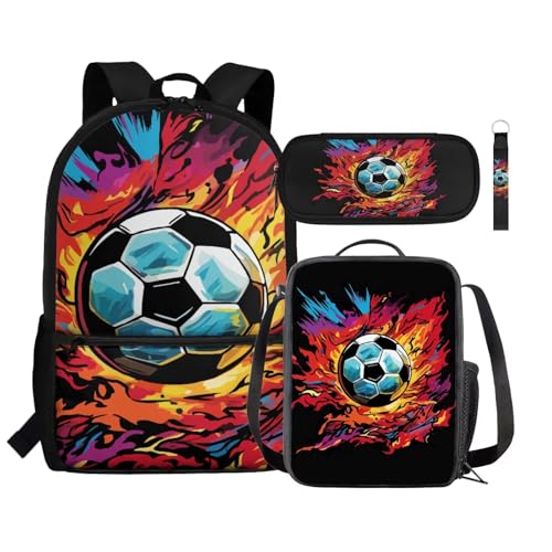 Zaino per bambini borsa termica per il pranzo portapenne astuccio da polso con cordino e portachiavi set 4 in 1 per il rientro a scuola Calcio Taglia unica Zaini Daypack
