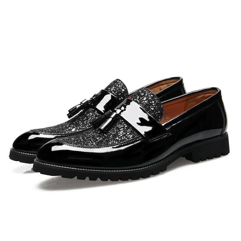 Santimon Men's Patent Leather Tassel Loafers Sparkling Glitter Slip-On Dress Shoes Chunky Sole for Formal & Casual Shoe4