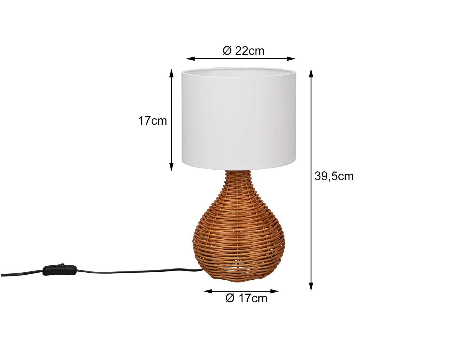 Große Tischlampe Rattan Natur Stoffschirm Weiß im Boho Stil, rund Ø 22cm