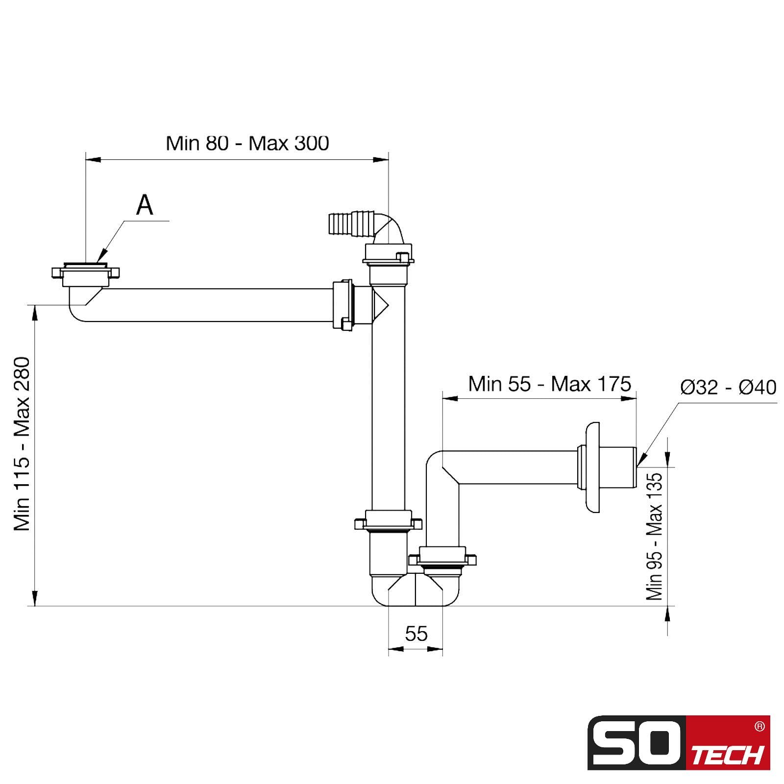SOTECH Raumsparsiphon mit Geräteanschluss, 32-40 mm, weiß, Raumsparsiphon, Ablaufgarnitur für Küche und Bad
