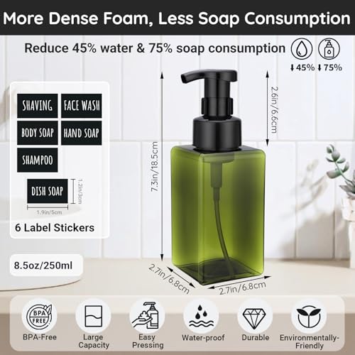 Image of Segbeauty 15.2oz Refillable Green Foaming Soap Dispenser for Bathroom with Labels, 2pcs Empty Foam Pump Bottle for Shampoo Face Wash Container, 450ml Plastic Square Liquid Hand Soap Dispensers Kitchen