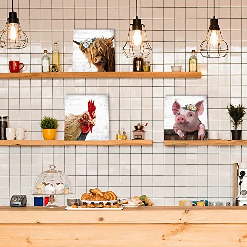 Farm Animal Farmhouse Wall Art: Highland Cow Rooster Pig Head Picture For Kitchen, 3 Piece Rustic Farmhouse Decor Vintage Canvas Print Living Room Home Decoration #TOP2