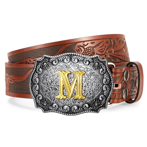 Western Cowboy Leather Belt Men Women, Gold Initial Letters ABCJMZ Buckle Embossed Belt for Jeans
