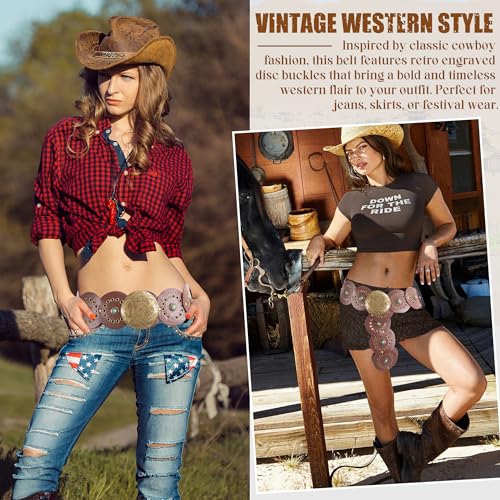 Women’s Boho Western Disc Belt – Vintage Leather Concho Waist Belt for Dress Jeans Skirts, Chunky Country Cowgirl Y2K Grunge4
