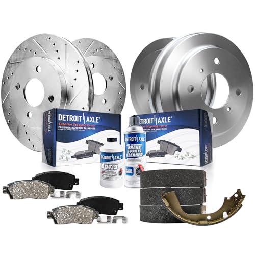 Image of Detroit Axle - Brake Kit for 01-06 Nissan Sentra Replacement 2001 2002 2003 2004 2005 2006 Drilled & Slotted Brake Rotors Ceramic Brakes Pads 1.8L 4 Lugs Front and Rear: 10.10'' inch Front Rotors