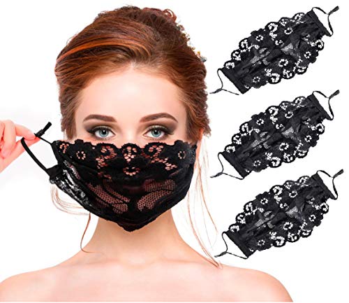 3 Pack Lace Face_Mask Ladies Single Layer Black Embroidery Lace Mesh Thin Breathable Mouth_Covers with Adjustable Earloop,Womens Facial Protection Reusable & Washable