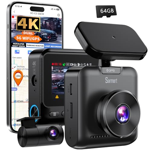 Sarmert C2 4K Dual Dash Cam Front and Rear - Built-in GPS and 5G WiFi, Free 64GB Card Included, 4K...