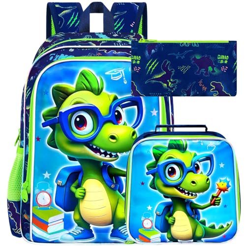 Image of HPJGD 3PCS Boys Dinosaur Backpack, Water Resistant Kids Bookbag Set with Lunch Box, Cool School Bag for Preschool Toddler - Glasses Dinosaur