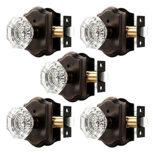 Orger Octagonal Crystal Door Knobs 5 Pack, Interior Privacy Door Handle for Bed/Bathroom with Pin Lock Inside, Oil Rubbed Bronze Vintage Rosette Door Knob with Heavy Duty Genuine Glass