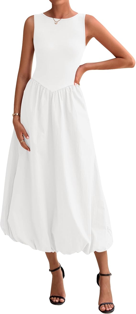 BTFBM Women's 2025 Summer Casual Sleeveless Midi Dress Patchwork Knit Tank Bubble Long Flowy Beach Maxi Sundress Pockets