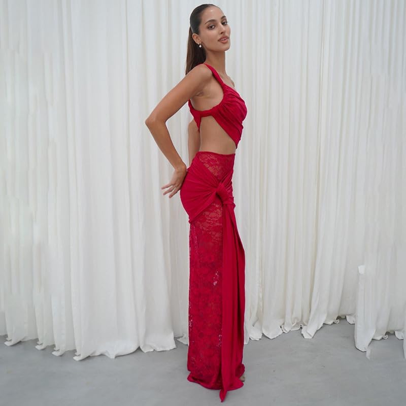 Womens One Off Shoulder Maxi Dresses Sexy Bodycon Mesh Lace Ruched Split Hollow Out Wrap Dress Cocktail Party Clubwear - Image 4