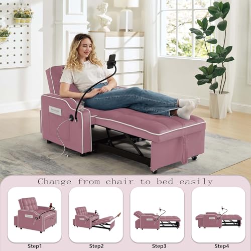 Image of Convertible Sofa Bed, 3 in 1 Futon Sofa Bed with USB Charging Ports, Cup Holder, Phone Stand & Pocket, Modern Upholstered Sleeper Sofa for Living Room, Apartment or Small Space (Pink)