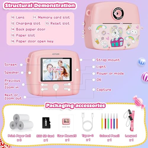 Sofortbildkamera Kinder,Kinderkamera Kompaktkameras 1080P HD Sofortdruck von Fotos,Geburtstagsgeschenk Weihnachten Geschenk Spielzeug ab 3 4 5 6 8 7 9 10 11 Jahre Mädchen Jungen 3 Rollen Fotopapier