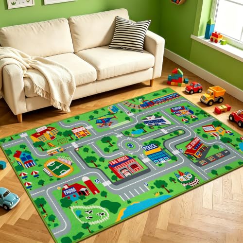 Capslpad Automatte für Kinder 80x150cm Auto Straßen Kinder Spielteppich rutschfeste Interaktive Spielzimmer Spielmatte Waschbare Pädagogische Teppich für Schlafzimmer Kinderzimmer Dekor