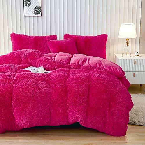 Memfydu Fluffy Duvet Cover Set, Hot Pink Plush Shaggy Velvet Comforter Cover Bedding Sets 4 PCS (1 Faux Fur Duvet Cover + 2 Pillowcases + 1 Throw Pillow Cover), Zipper Closure (King,Hot Pink)