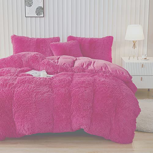 Memfydu Fluffy Duvet Cover Set, Hot Pink Plush Shaggy Velvet Comforter Cover Bedding Sets 4 Pcs (1 Faux Fur Duvet Cover + 2 Pillowcases + 1 Throw Pillow Cover), Zipper Closure (King,Hot Pink) #TOP12