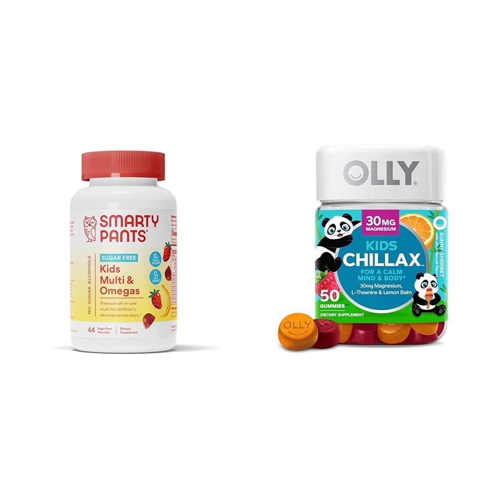 Kids Multivitamin Gummies, Sugar Free: Omega 3 (ALA) & OLLY Kids Chillax, Magnesium Gummies Plus L-Theanine, Lemon Balm, Calm Chews for Kids 4+, Sherbet Flavor - 50 Count (Pack of 1)