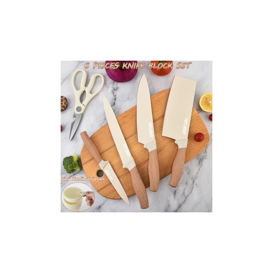 YF-TOW Knife Set, 6-Piece Beige Professional Chef Knife Set with Universal Knife Block, Super Sharp Kitchen Knife Block Set, Anti-Rust Stainless Steel and Non-slip Ergonomic Handles (Beige)