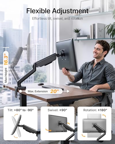 Image of monTEK Heavy Duty Single Monitor Arm with USB /Audio Ports for 17-32 inch Screens, Premium Mechanical Spring Monitor Arm up to 19.8 lbs, Full Motion Monitor Desk Mount, VESA 75 /100 mm, Clamp /Grommet