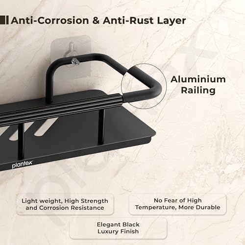 Image of Plantex Self Adhesive Bathroom Shelf /Stainless Steel Bathroom Shelf Rack /Wall Shelf for Bathroom /Bathroom Organiser Without Drill /Bathroom Accessories Set- Pack of 1 (12x5 inches, Black)