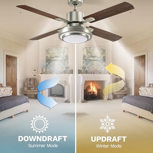 DWVO Ceiling Fan with Light Remote Control 52in, 4 Blade Ceiling Fan Light Fixtures Modern Reversible Brushed Nickel 6 Speeds, 3 Color Temperatures, Quiet DC Motor for Bedroom Living Room