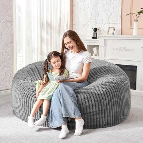 Image of 3FT Bean Bag Chair, 3' Large Bean Bag Chairs for Adults with Stripe Plush Cover, Memory Foam Beanbag Chair for Living Room Bedroom Dorm,Grey