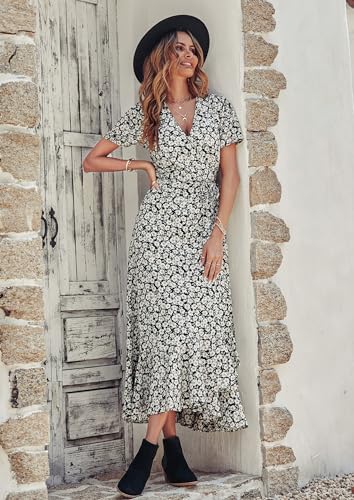 PRETTYGARDEN Women's Summer Maxi Dress Casual Wrap Floral Boho Short Sleeve V Neck Split Ruffle Beach Long Dresses