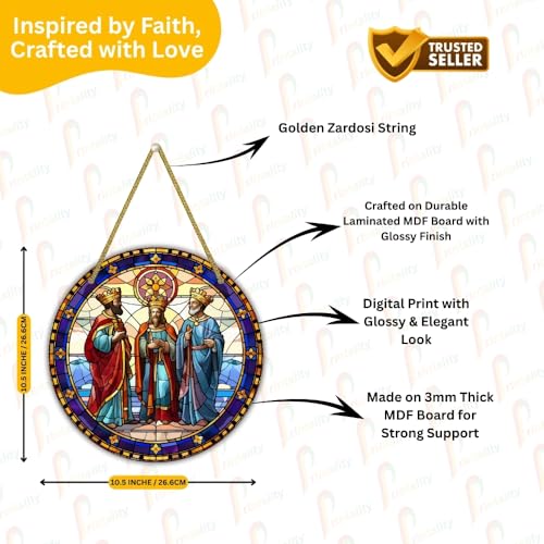 Image of Printality Stained Glass Style Christian Wall Hanging | Round MDF Plaque with Glossy Finish & Golden Zardosi String | Religious Wall Art | Jesus, Mary & Angels Design | Faith Home Decor (Design 7)