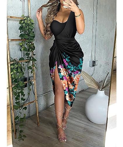 Image of xxxiticat Women's Ruched Midi Dress Sleeveless Spaghetti Straps One Shoulder Asymmetric High Split Slip Party Dress