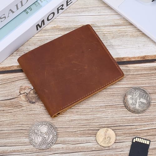 GORGECRAFT 115 * 96mm Leather Credit Card Wallets Saddle Brown Crazy Horse Bifold Wallet Genuine Leather Wallets Slim Extra Capacity Wallet Extra Strong Stitching for Business Office Men4