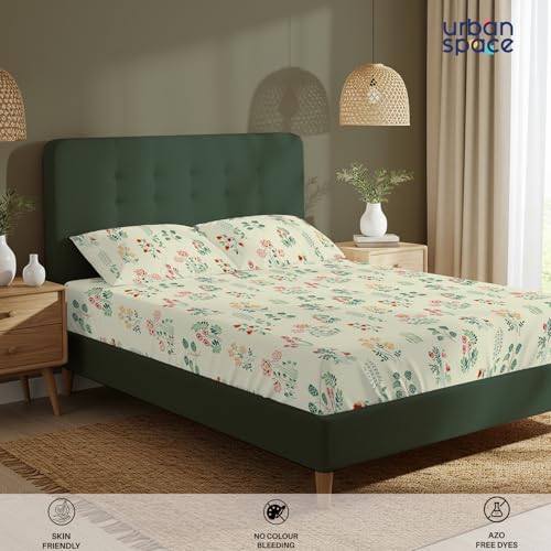 Image of Urban Space Serene 100% Cotton Bedsheet for Double Bed, Floral Queen Size Bed Sheet with 2 Pillow Covers (88 x 100 Inches, Eden Cream)