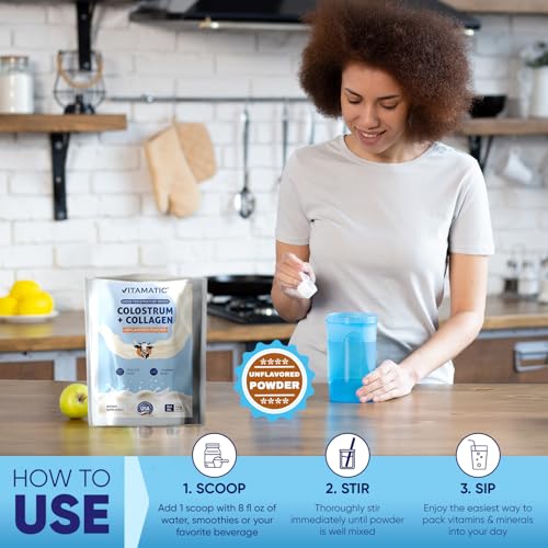 Image of Vitamatic Bovine Colostrum + Collagen Powder - Supplement for Gut Health, Hair Growth, Beauty, Muscle Recovery, & Immune Support - Easy to Mix - Unflavored - 454 Gram, (16 oz)