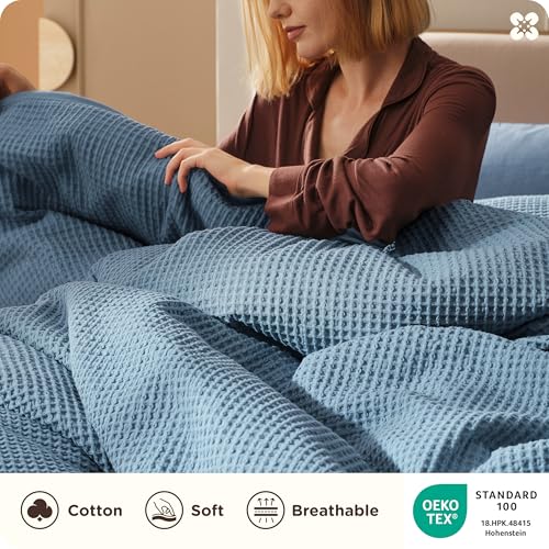 Image of Bedsure Cotton Duvet Cover Queen - 100% Cotton Waffle Weave Grey Blue Duvet Cover Queen Size, PureWoven Breathable Bedding Set for All Season, 3 Pieces, 90 inchx90 inch