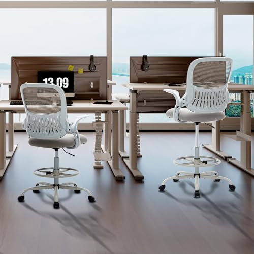 Image of Sweetcrispy Tall Drafting Office Desk Chair - Ergonomic High Stool Computer Chair with Adjustable Height and Comfy Lumbar Support, Rolling Counter Height with Flip-up Arm and Footrest, Grey