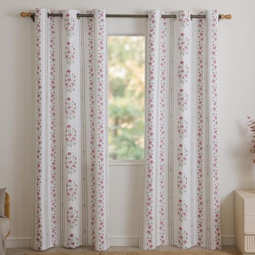 Image of HOMEMONDE Cotton Curtain Window 5 Feet Curtains Set of 2- Floral Printed Room Darkening Curtain with Eyelets - (60 Inches, Petal Stripe)