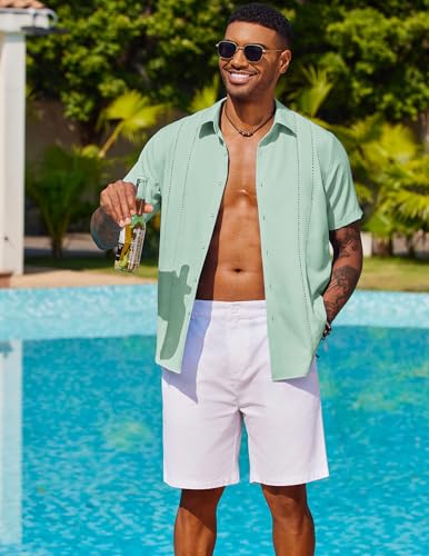 Image of COOFANDY Mens Cuban Guayabera Shirt Short Sleeve Button Down Shirts Summer Beach Vacation Shirts