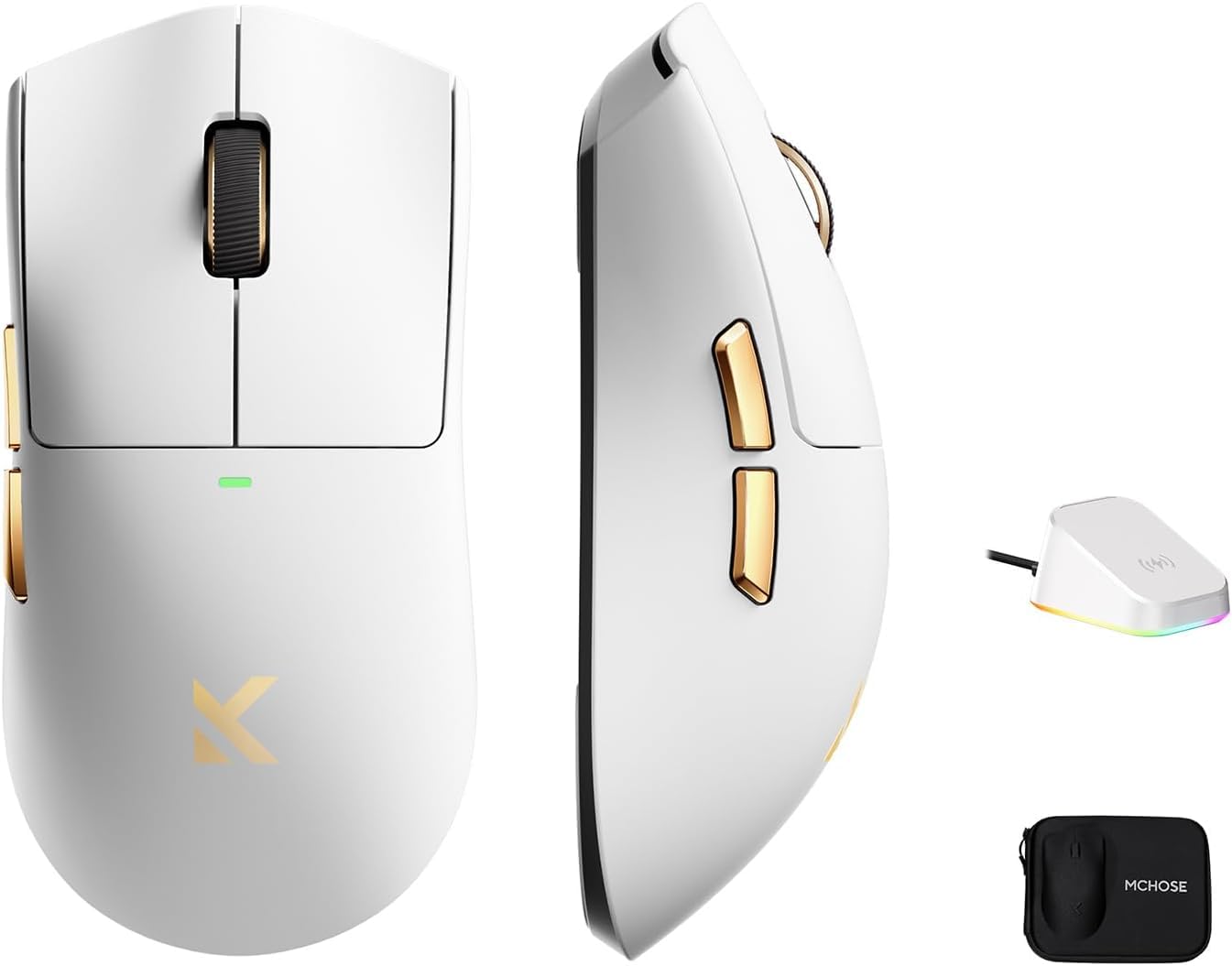 MCHOSE K7 Souris de jeu sans fil ultra sans fil avec station de charge magnétique, capteur optique PAW3950, double interrogation 8K, 42 K DPI, 59 g, 5 boutons programmables, batterie de 130 heures (or