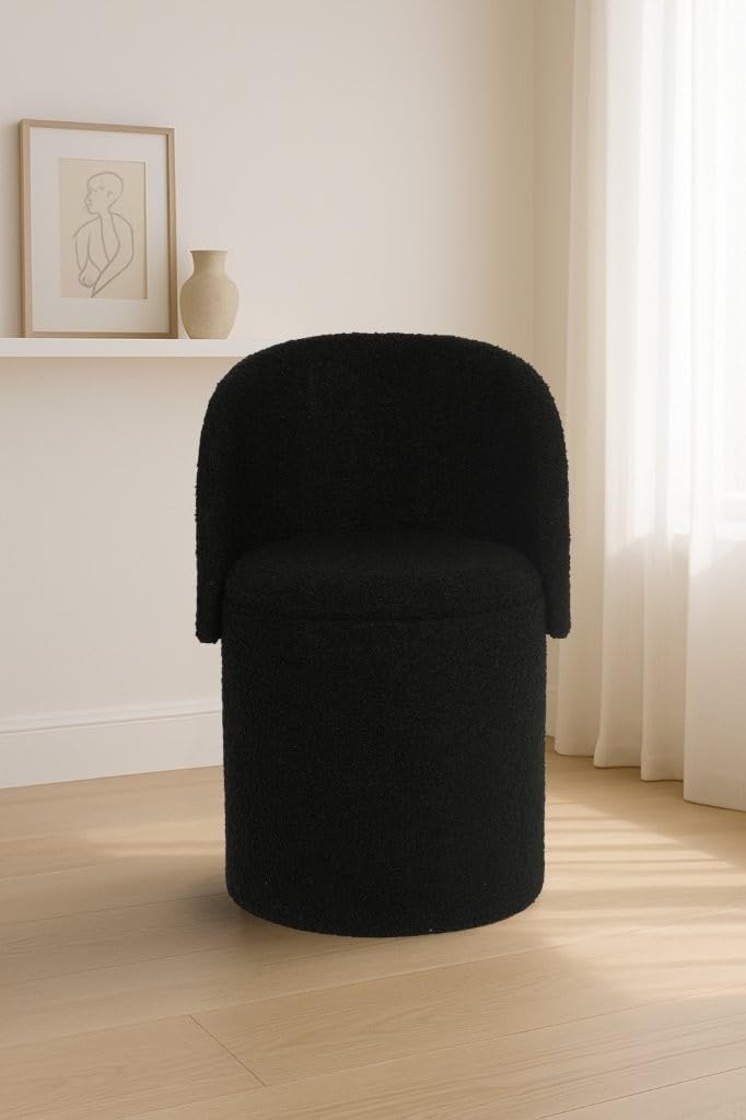 BLOOM BLENDS Teddy Boucle Tub Chair With Hidden Storage, Round Vanity Seat With Curved Back and Lift-Off Lid, Wooden Frame, 150kg, 46 x 62 cm (Black)