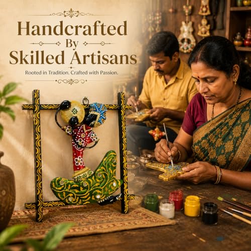 Image of iHandikart Handmade Metal Wall Art Sculpture for Home Decor | Traditional Rajasthani Folk Dancer Wall Hanging | Hand-Painted Iron Wall Art with Stone Work | Living Room & Bedroom Decor| 9 x 9 Inch