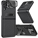 Caka Compatible for Galaxy Z Flip 3 5G Kickstand Case, Z Flip 3 Case with Camera Protector Hinge Protection Wireless Charging Cover for Samsung Galaxy Z Flip 3 (Carbon Fiber Black)