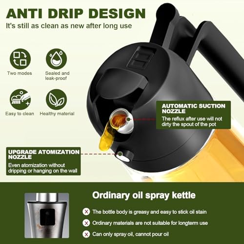Image of 2-in-1 Glass Oil Dispenser and Sprayer for Cooking 500ml Large Capacity Olive Oil Mister and Pourer Leak-Proof Vinegar Soy Sauce Bottle for Air Fryer Salad Baking Grilling Kitchen BBQ Roasting Black