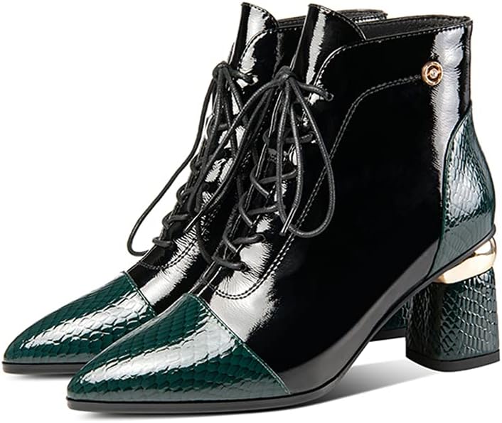 TinaCus Patent and Genuine Leather Women's Handmade Block Heel Pointed Toe Lace Up Ankle Boots