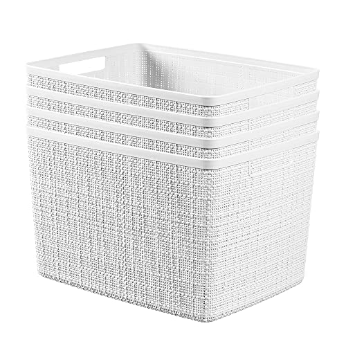 Curver Set of 4 Jute Large Decorative Plastic Organization and Storage Baskets Perfect Bins for