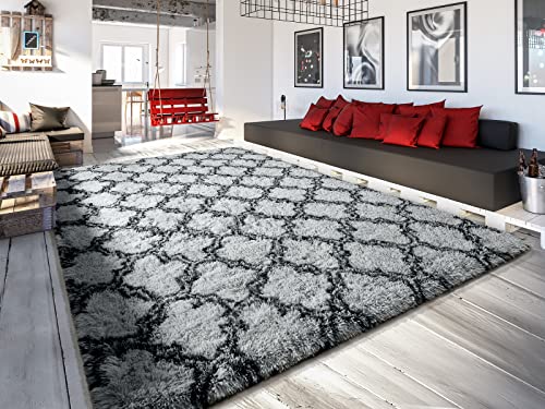 Keeko Large Fluffy Rugs, 8X10Ft Fuzzy Area Rug For Living Room, Modern Geometric Plush Carpets For Bedroom, Soft Kid's Room Shaggy Rug, Nursery Room Decor Rug,Grey And Black #TOP5