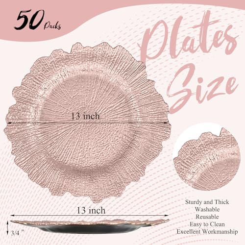 50 Pcs Rose Gold Charger Plates Bulk 13 Inch Plastic Plate Chargers with Floral Reef Design Round Ruffled Rim Dinner Floral Decorative Plates for Dinner Wedding Party Event Table Setting Decoration by YMHPRIDE - Used condition - Image 2